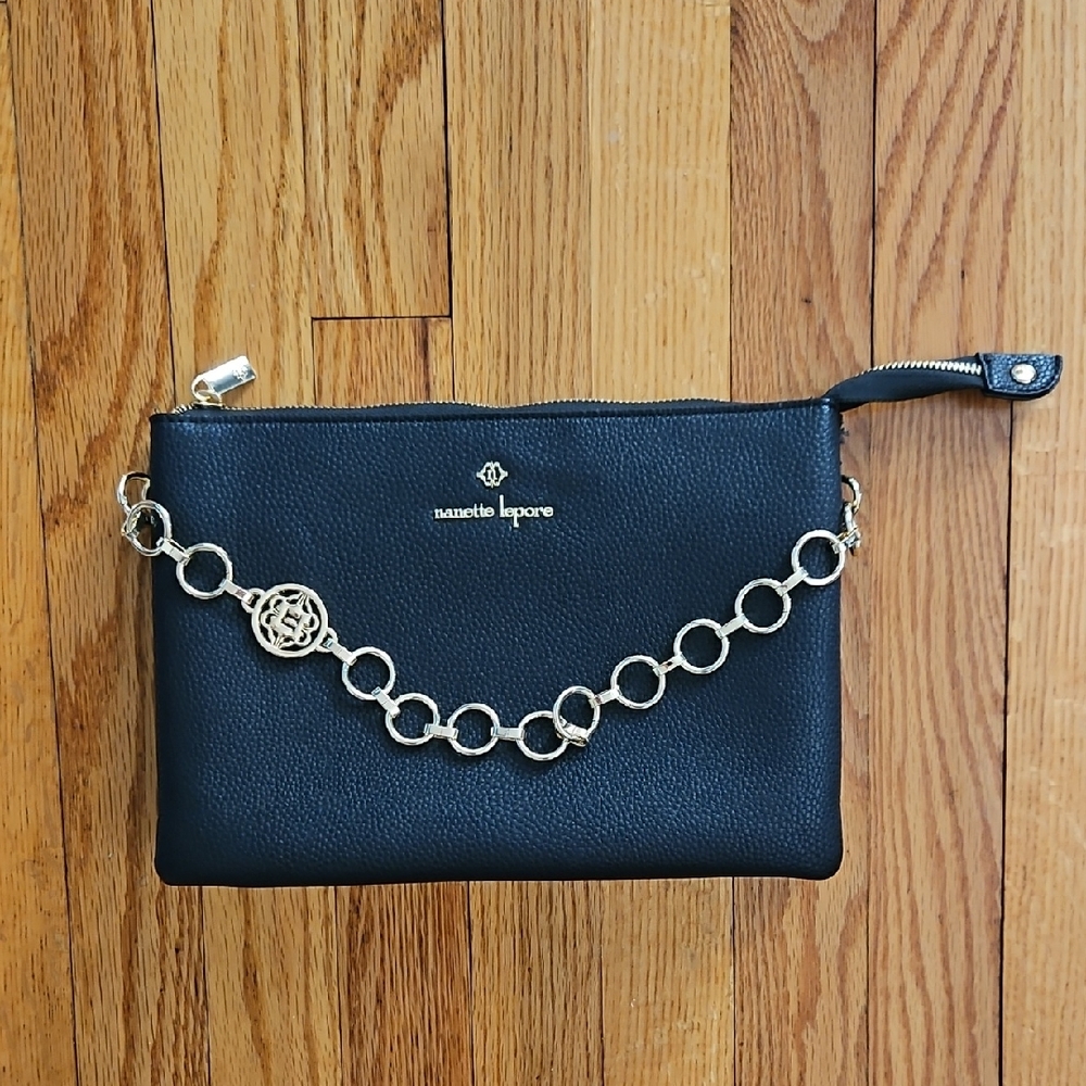 Nanette Lepore Black Handbag with Gold Chain Detail